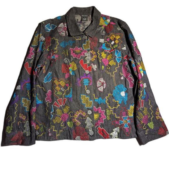 Vtg Y2K Multiples Black Denim Colorful Floral Embroidered Button Up Jacket Sz L - Picture 1 of 5
